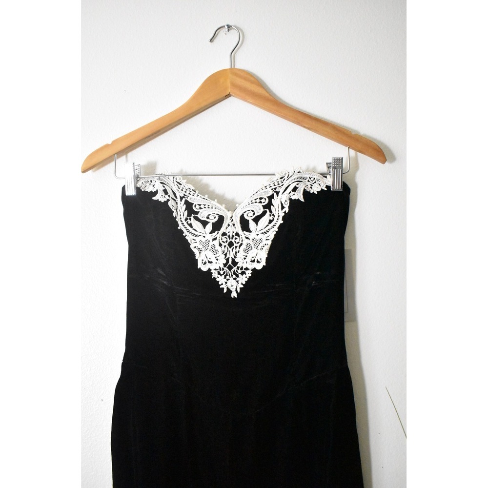 Scott McClintock Gown Women Size 8 Black 80s Velvet Lace Strapless Maxi Dress - Picture 8 of 12